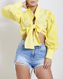 Yellow Cropped Tie Front Blouse