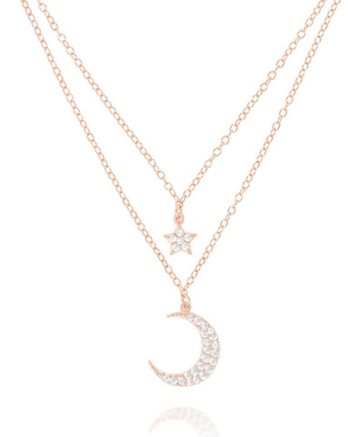 Penny Levi Rose Gold Double Moon and Star Necklace