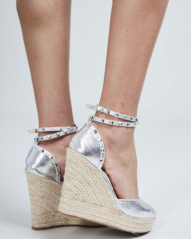 Cara Silver Studded Wedge Espadrilles
