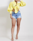 Yellow Cropped Tie Front Blouse