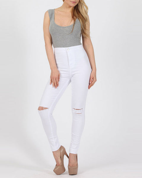 High Waisted White Ripped Skinny Jeans